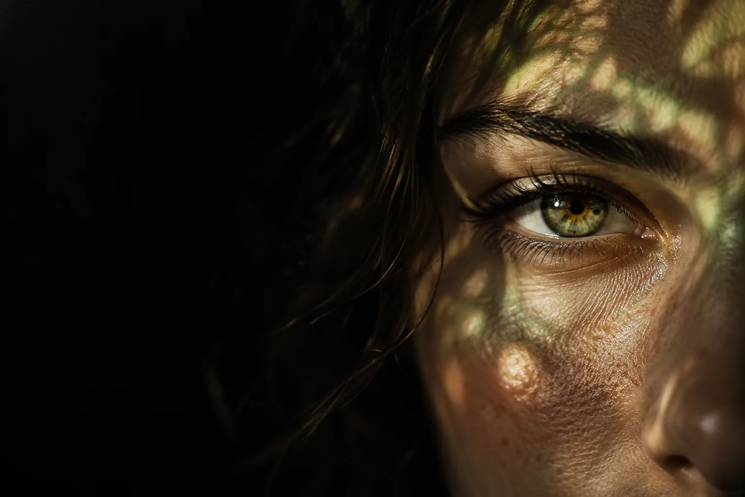 Primer plano conceptual de un ojo humano iluminado por una proyección orgánica.