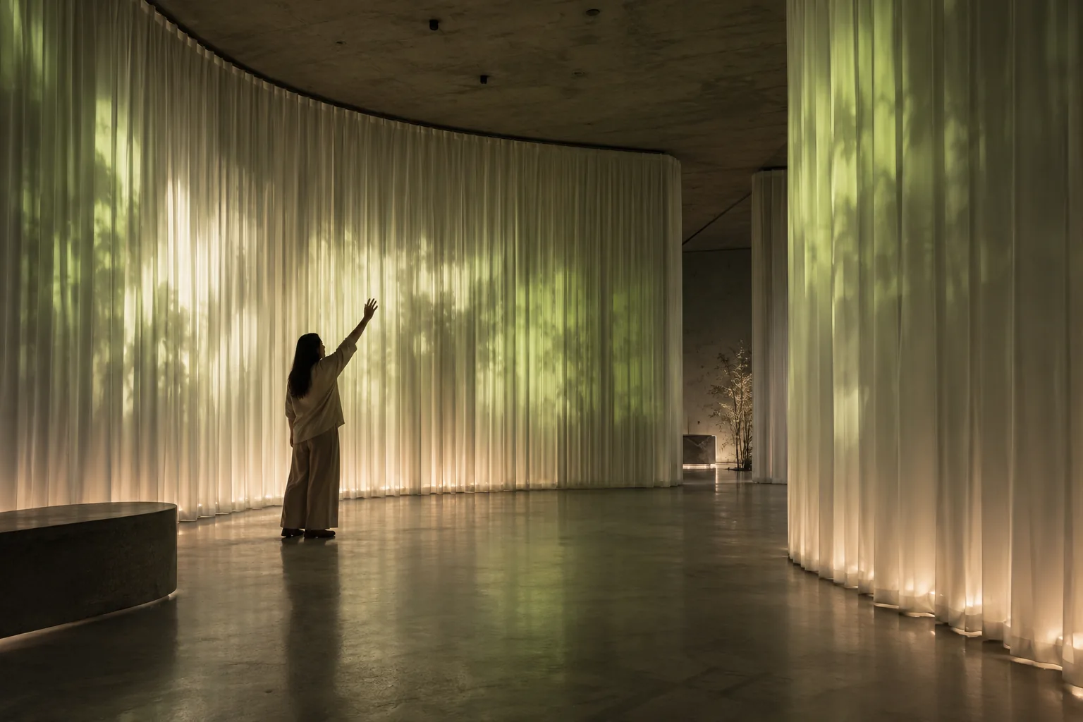 Visualización conceptual de una visitante activando luz sobre cortinas translúcidas con su presencia.