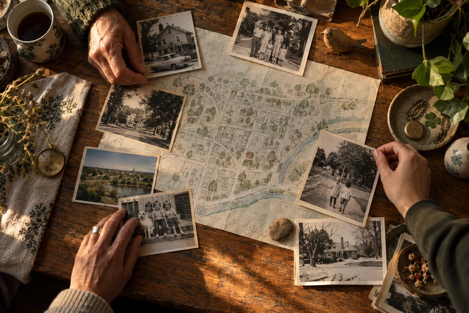 Imagen conceptual de manos organizando fotografías familiares y recuerdos alrededor de un mapa de barrio.