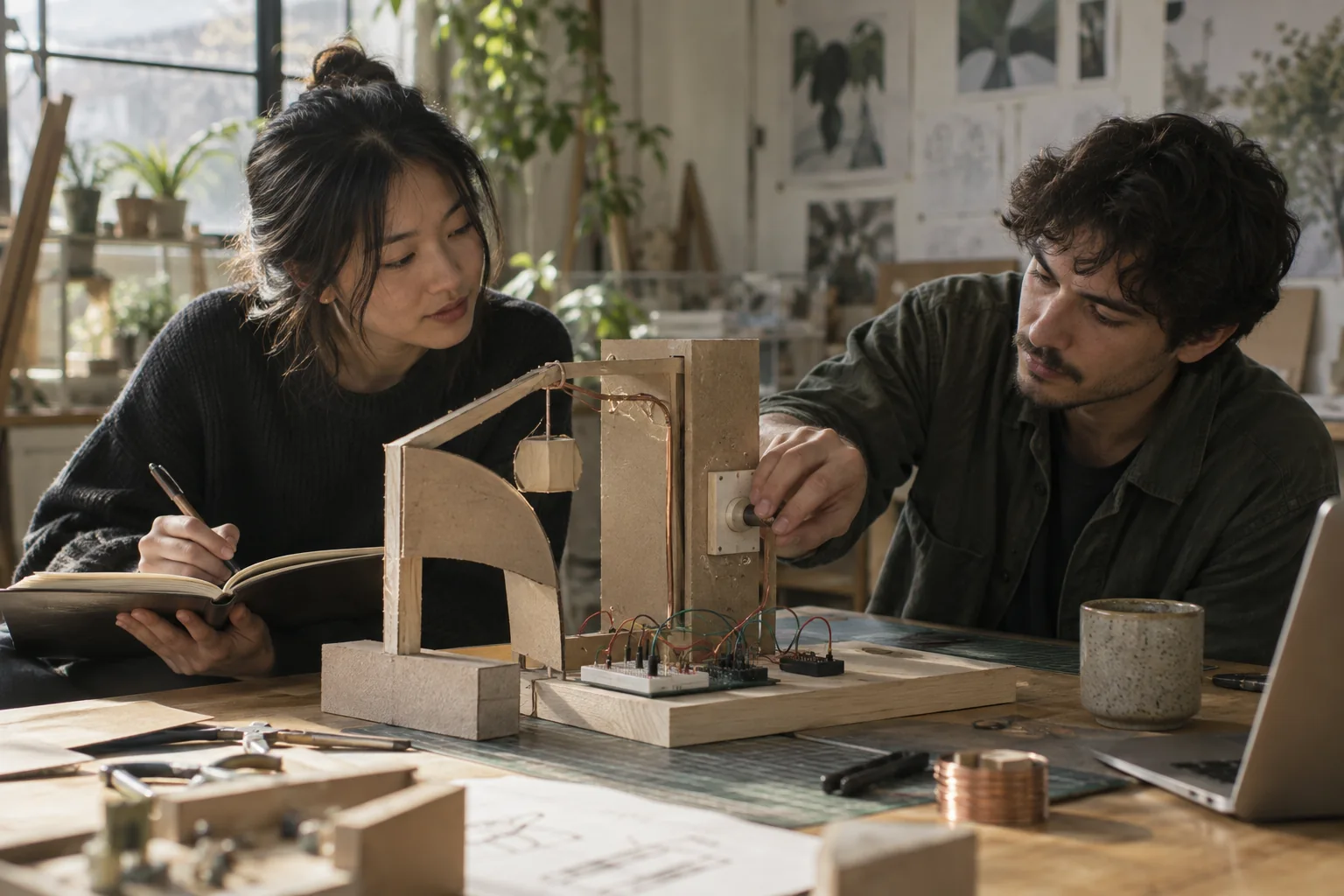 Imagen conceptual de colaboradores probando un prototipo de cartón y madera con circuitos sobre una mesa de taller.