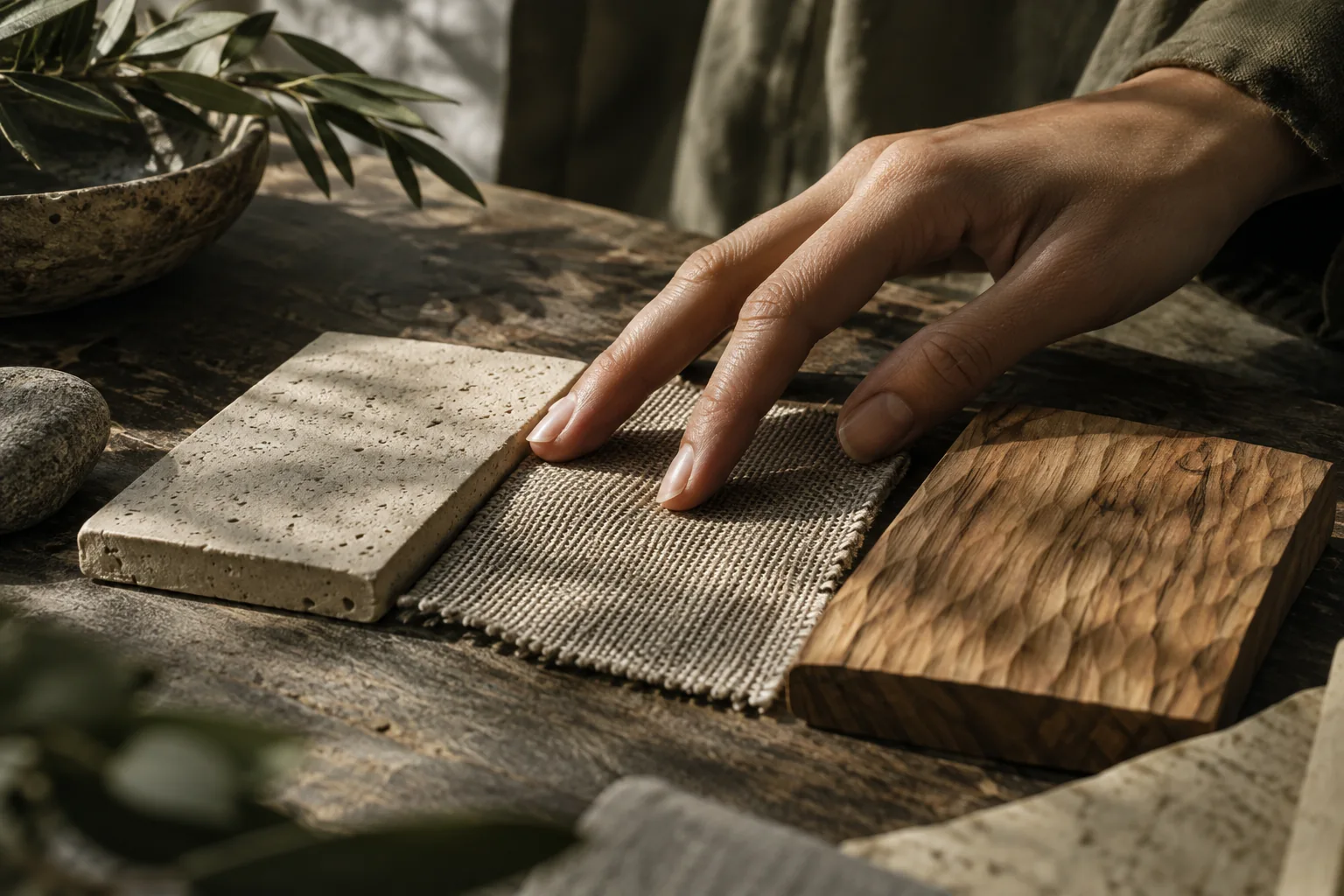 Imagen conceptual de dedos explorando muestras de cerámica, tejido y madera bajo luz lateral.