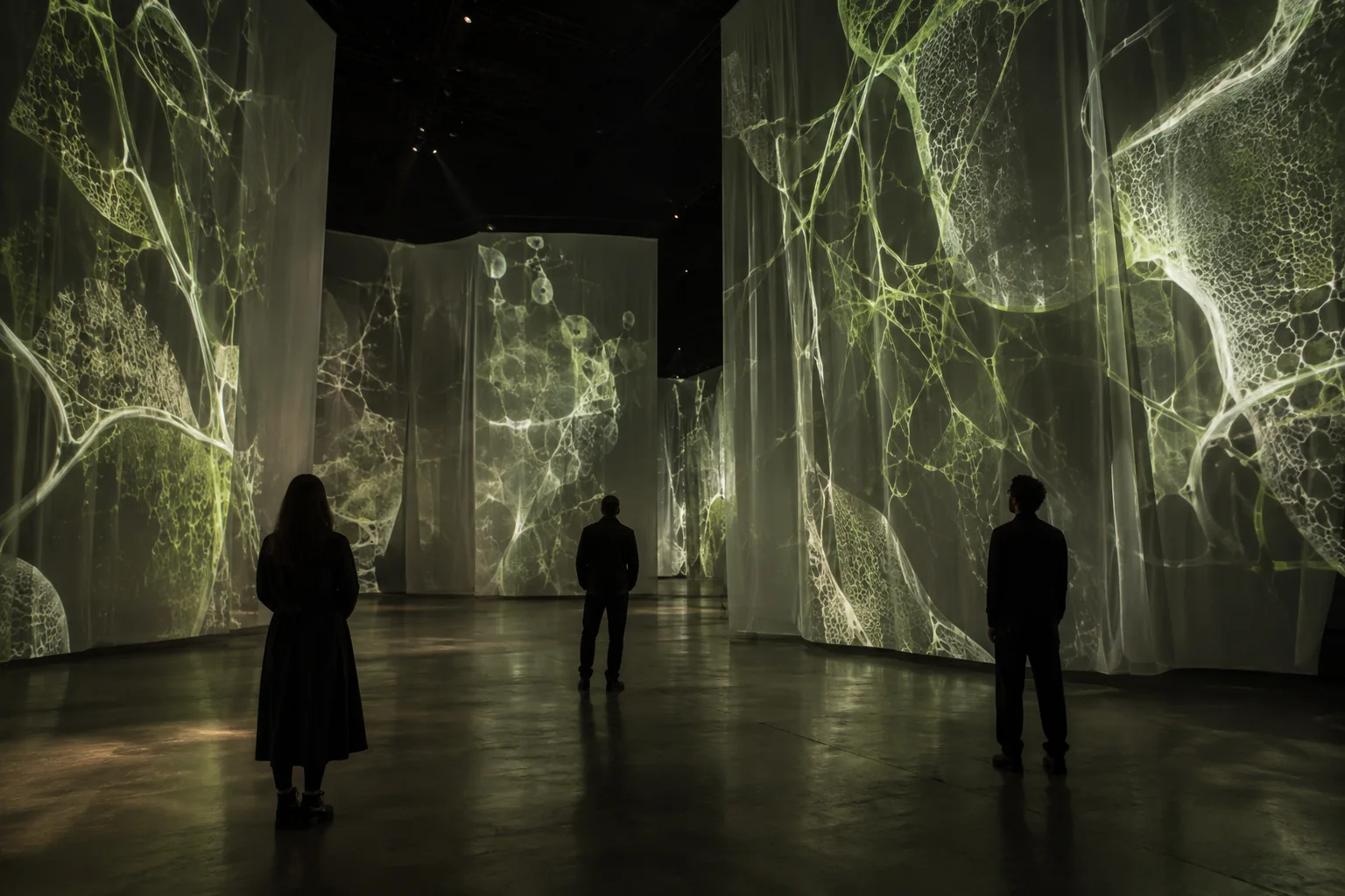 Visualización conceptual de visitantes entre proyecciones biológicas en una instalación inmersiva.