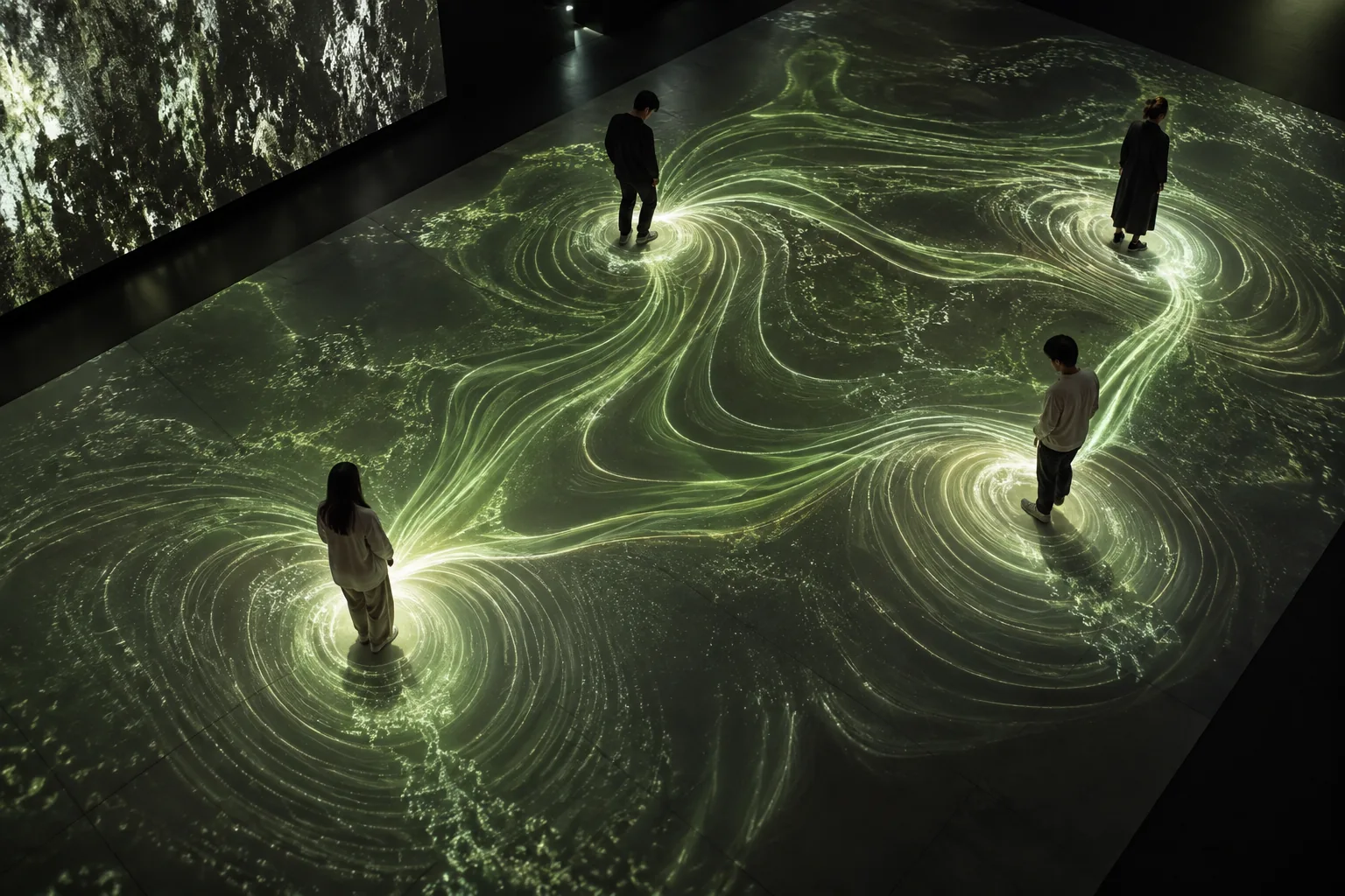 Visualización conceptual de visitantes conectados por ondas luminosas sobre un suelo interactivo.