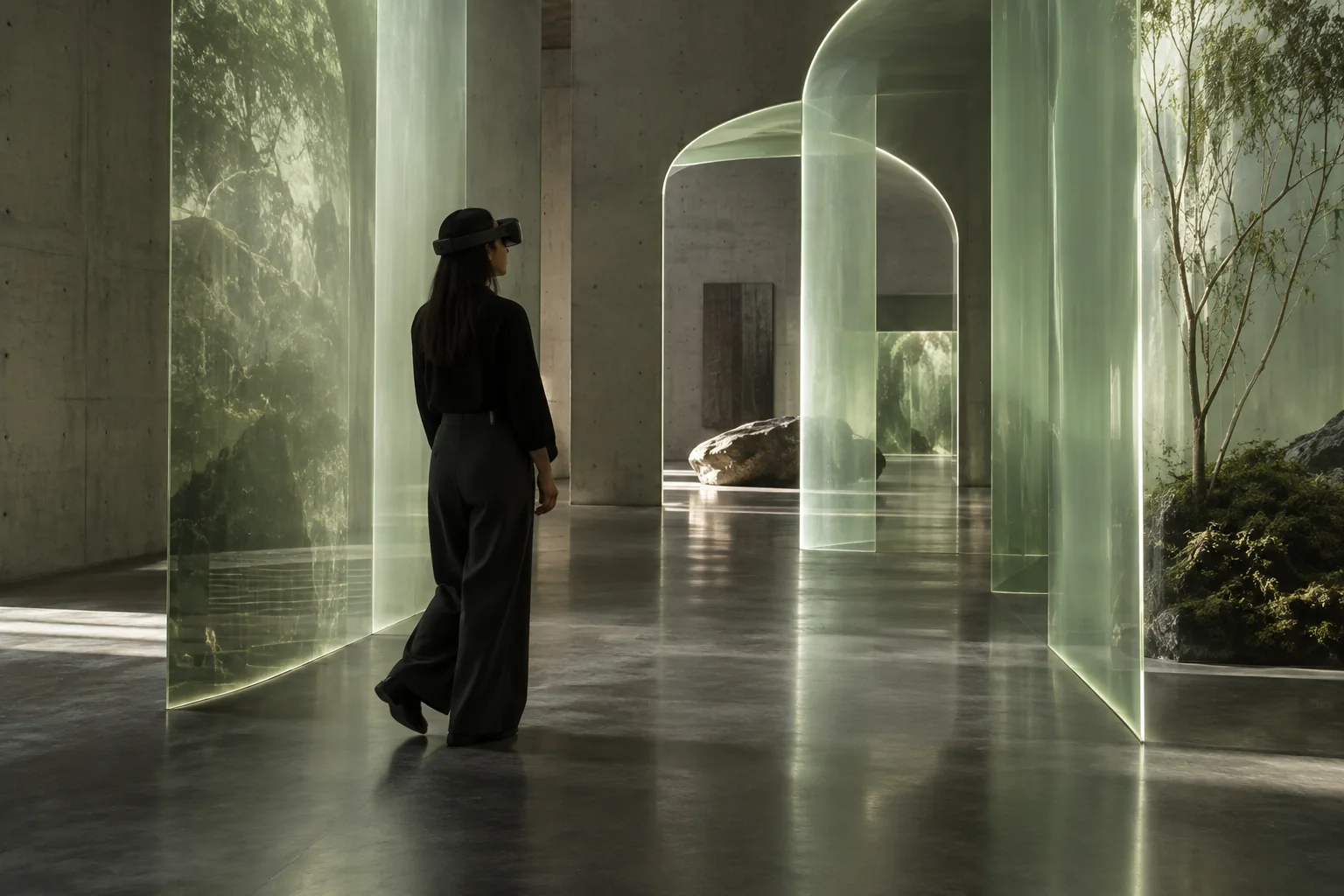 Visualización conceptual de una visitante con visor de realidad mixta entre umbrales luminosos.