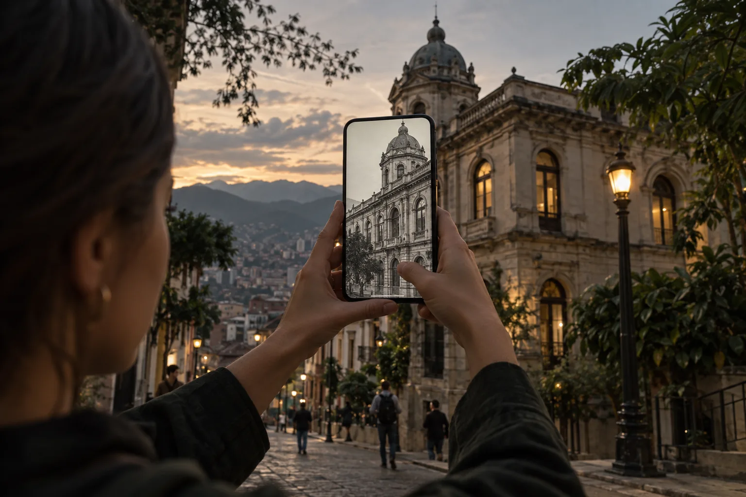 Visualización conceptual de un teléfono mostrando una capa arquitectónica aumentada en una calle de Medellín.