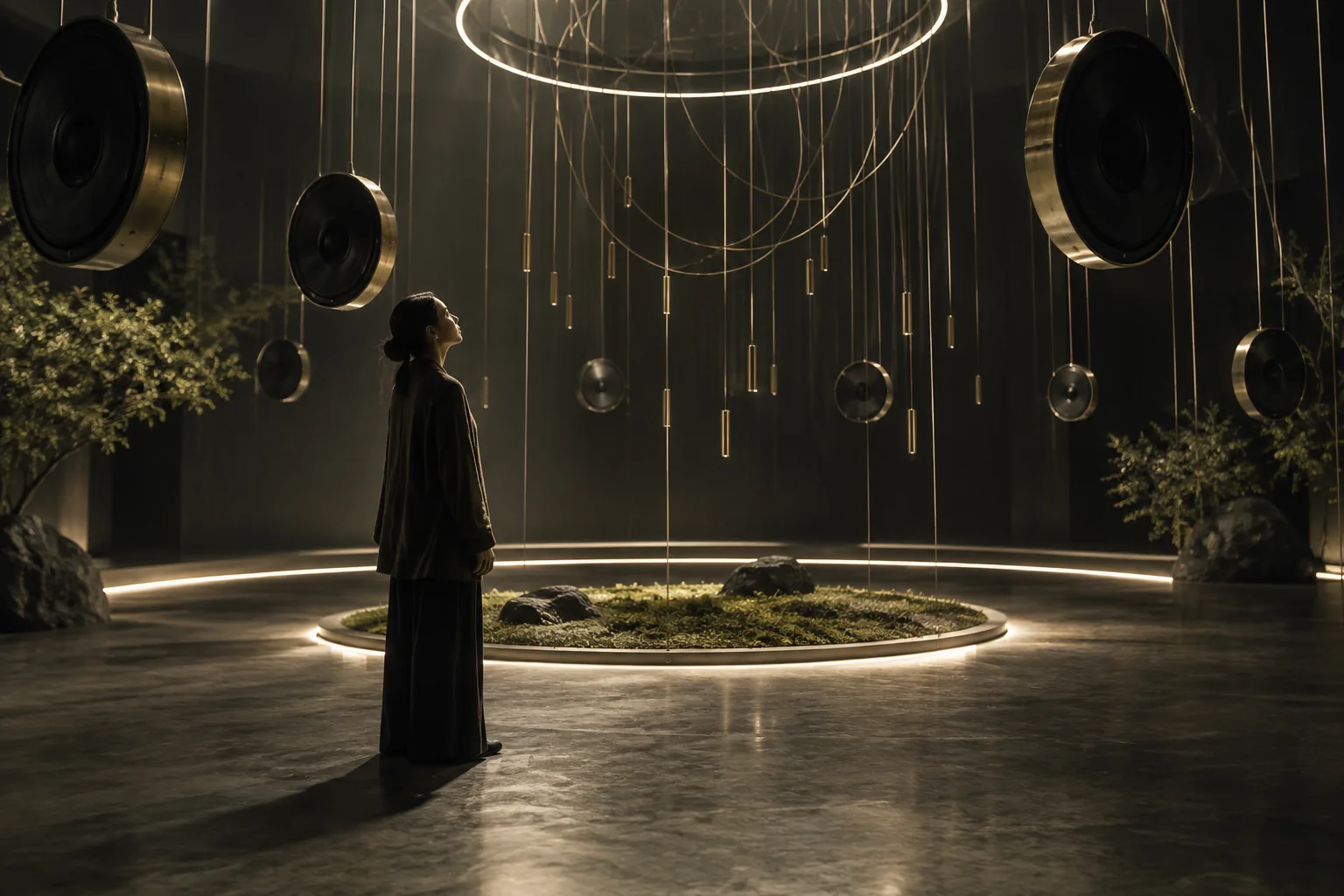 Visualización conceptual de una instalación sonora con altavoces suspendidos y luz circular.