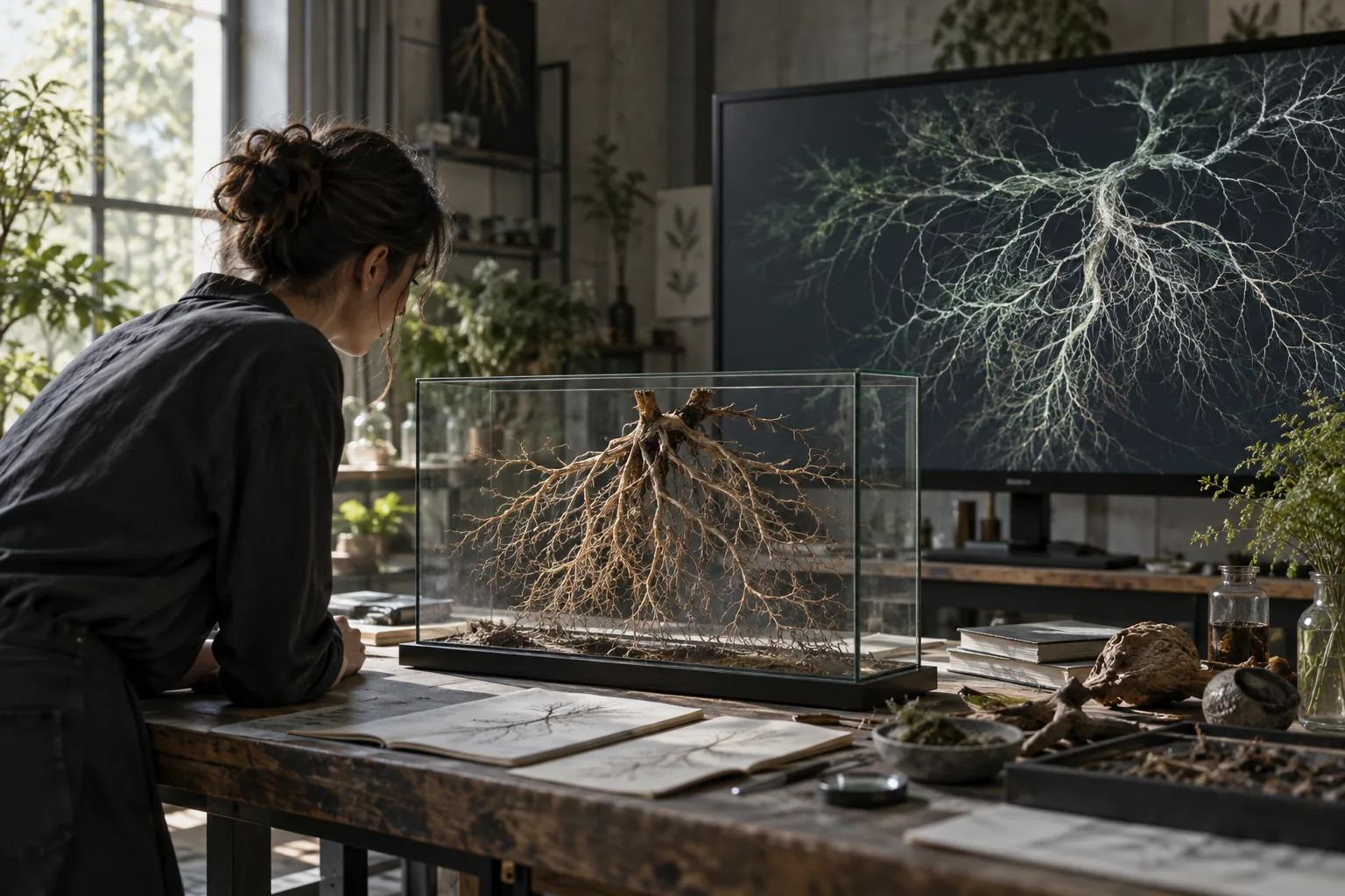 Visualización conceptual de una muestra de raíces y una visualización ramificada en un estudio.