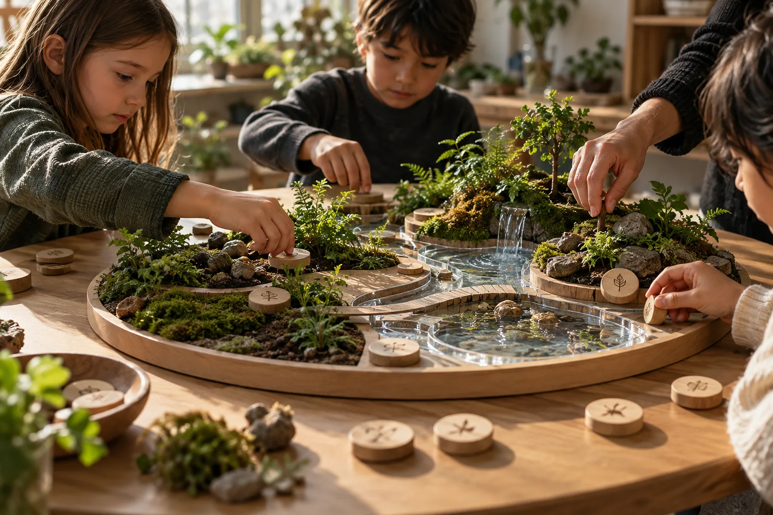 Visualización conceptual de un ecosistema educativo con plantas, canales de agua y piezas manipulables.